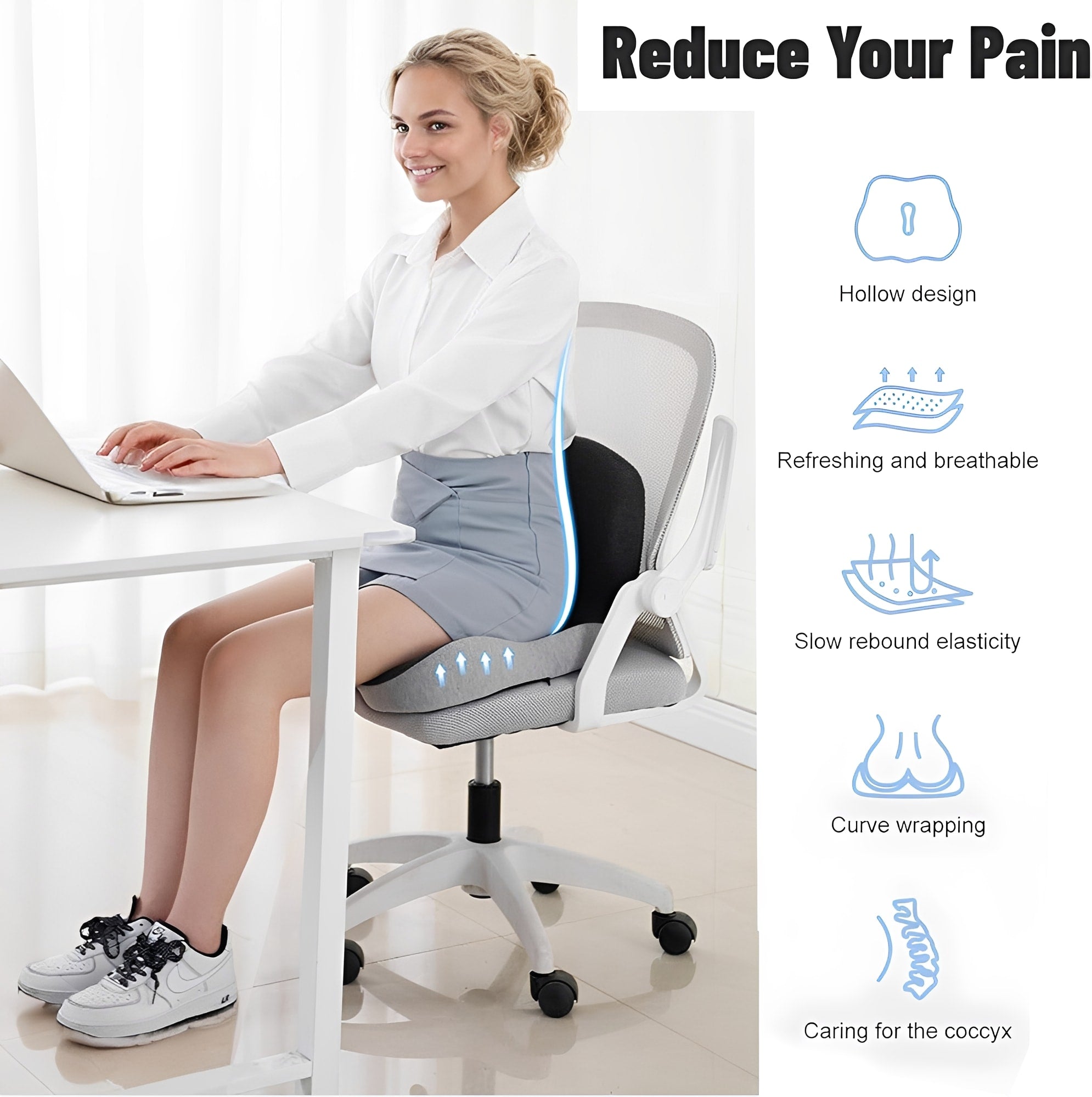 Memory Foam Seat Cushion Lumbar Support Ergonomic Back Support for Office Car